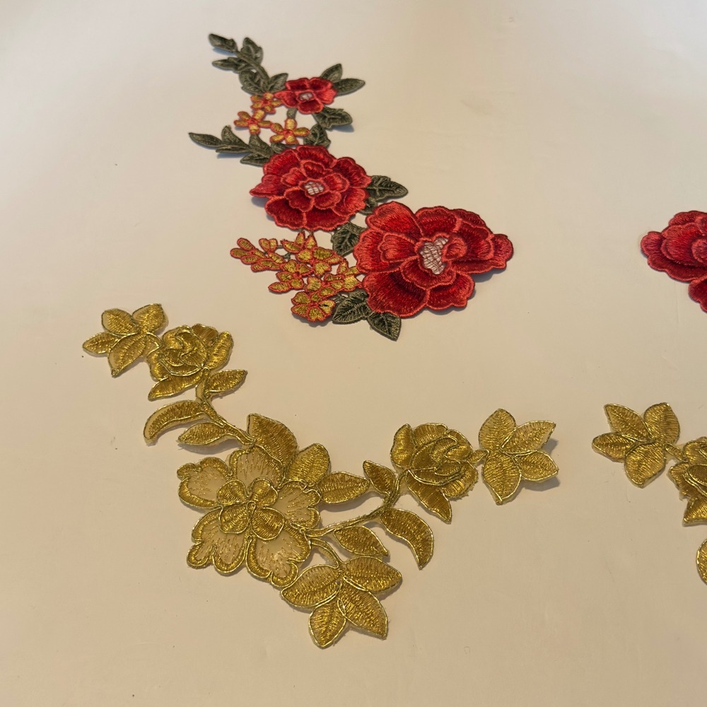 4pc Floral Embroidered Applique Patches Red Rose Gold Metallic Sew On - Picture 3 of 7